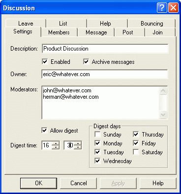 List Server Configuration screen