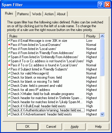 Spam Filter Configuration screen